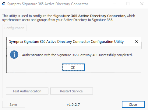 AD Connector configuration utility with Test Authentication button
