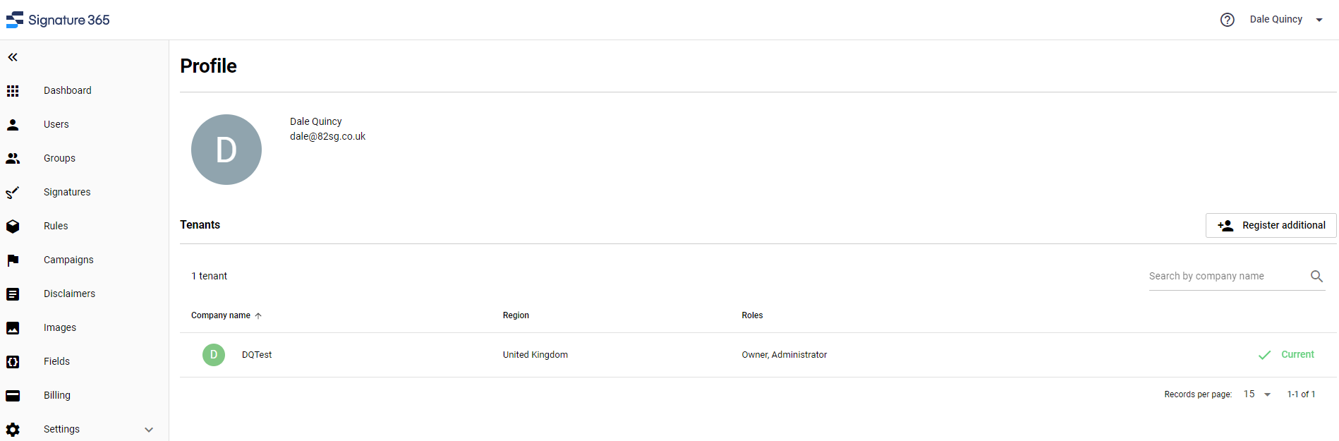 Registration form for the new tenant with organisation name and region fields