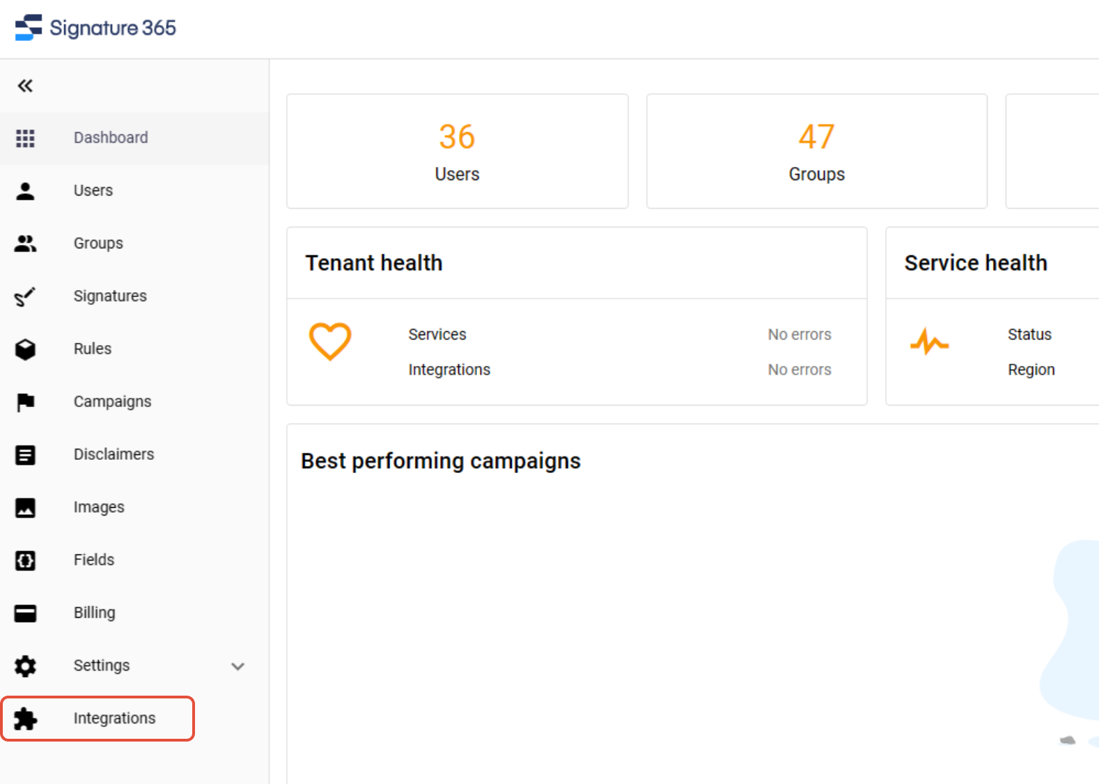 Signature 365 portal with Integrations menu item highlighted