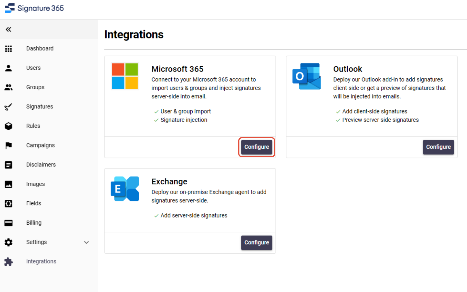 Signature 365 Integrations page with Microsoft 365 card and Configure button