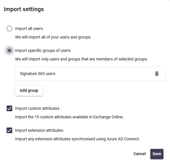 Microsoft 365 integration settings dialog showing Add group and Import all users options