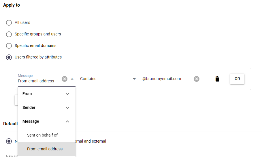 Signature 365 rule configuration targeting the alias email domain