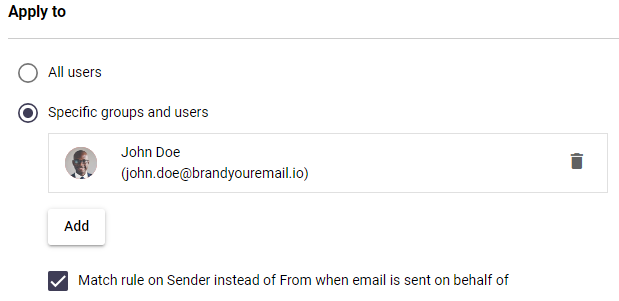 Signature 365 rule configuration for John Doe targeting the sender with Sender match enabled