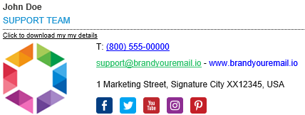 Signature 365 preview showing the support mailbox signature with sender full name