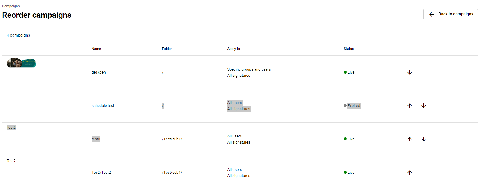 Signature 365 campaigns reorder list showing up/down arrows and folder column