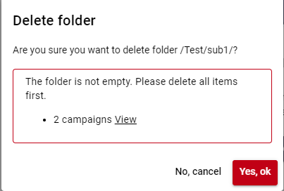 Signature 365 folder delete warning dialog for a folder containing templates