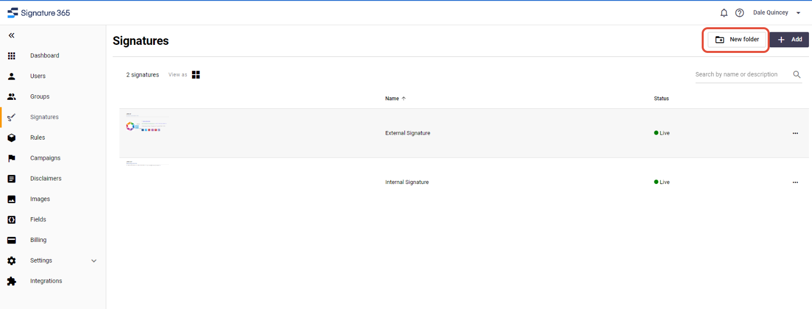 Signature 365 Signatures tab showing the New folder button in the top left