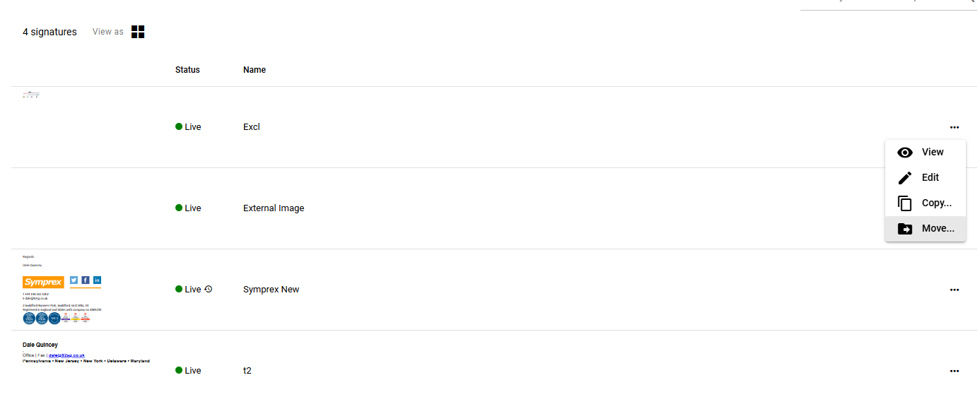 Signature 365 template actions menu in list mode showing Move option