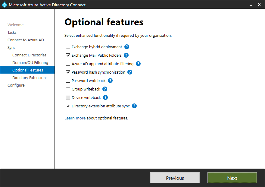Azure AD Connect Optional Features pane with Directory extension attribute sync option checked