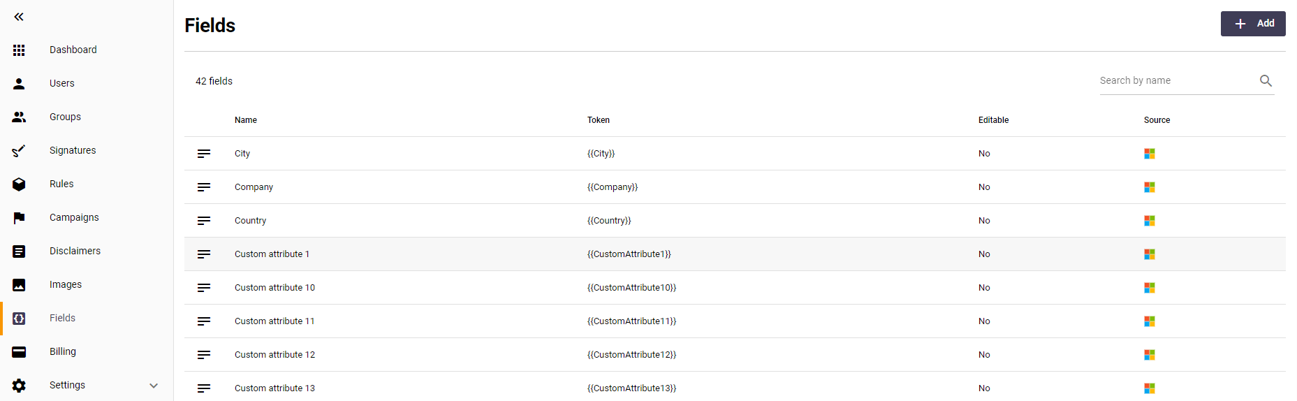 Signature 365 Fields tab showing imported Active Directory attributes