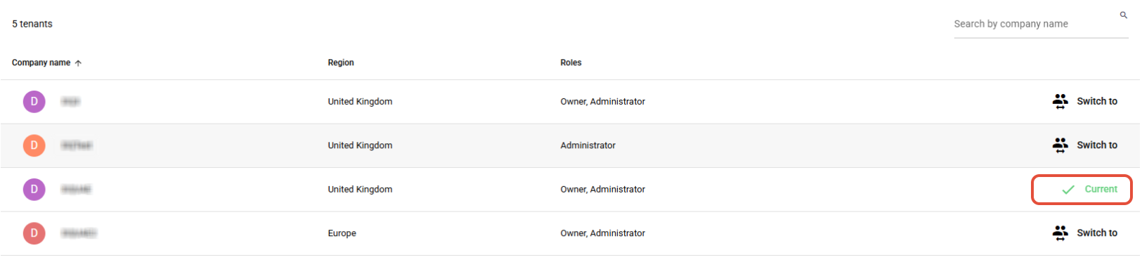 Signature 365 admin console after switching to a different tenant