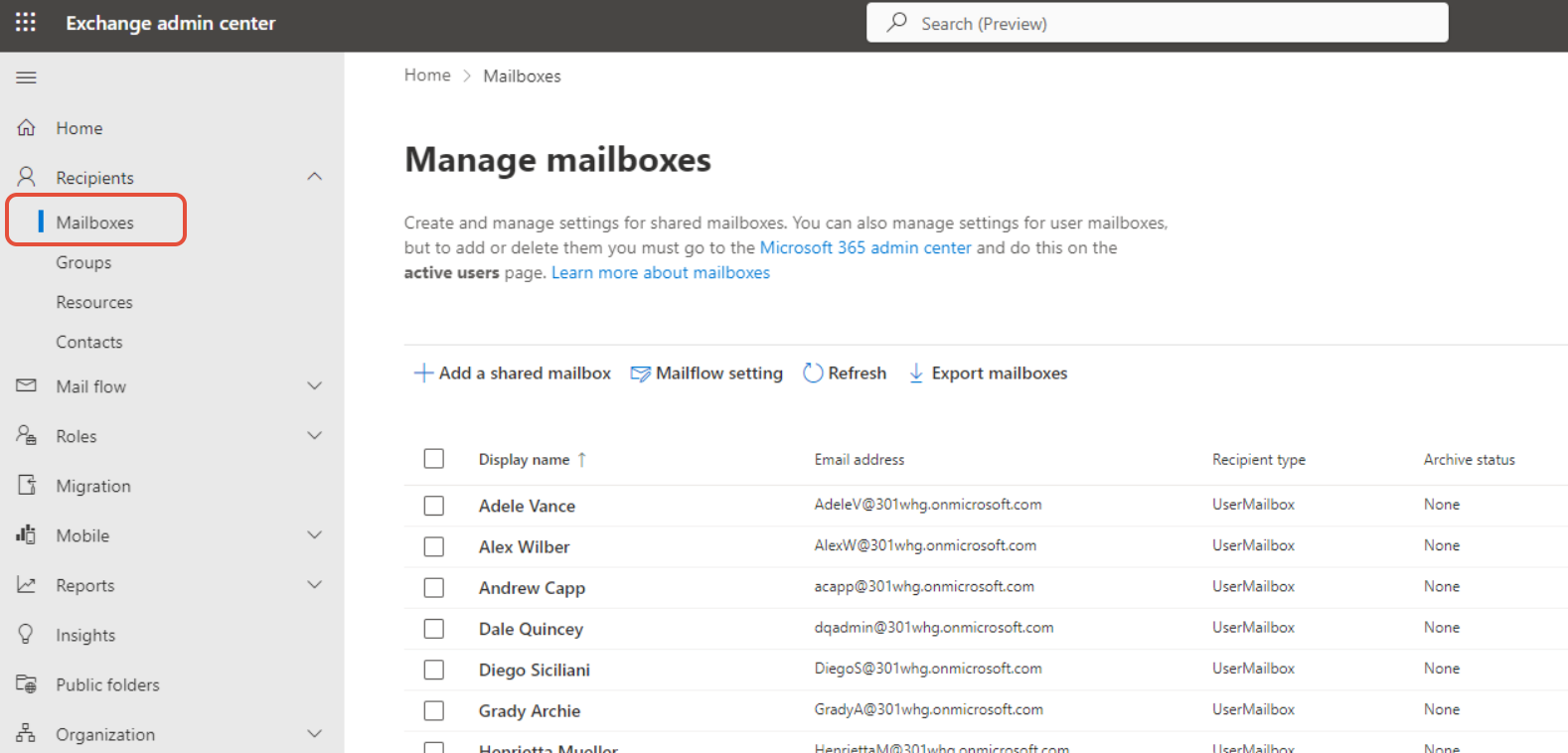 Exchange admin center with Mailboxes menu item selected