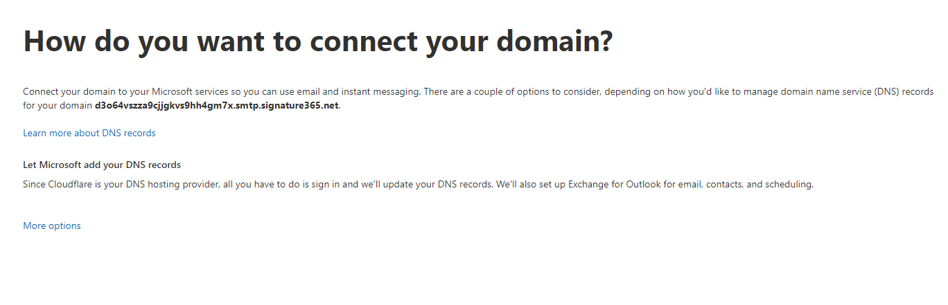 Microsoft 365 domain connection page showing the More options link